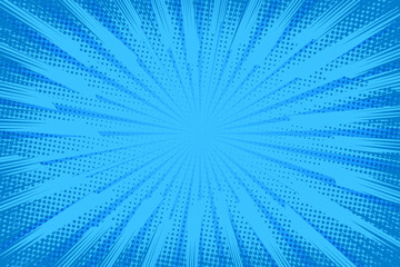 Comic background. Pop art texture. Starburst cartoon style. Anime design with explosion effect for print. Fun dot pattern. Blue backdrop with halftone gradient. Funny line frame. Vector illustration