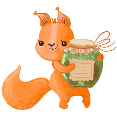 Red-haired cheerful squirrel with a jar of jam, a cute children's character for decoration and design, PNG - 538978955