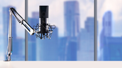 City radio station. Radio hosts microphone is on table. Professional microphone for recording audio podcasts. Electronic microphone for radio. Speakers workplace. Blurred city skyscrapers. 3d image.
