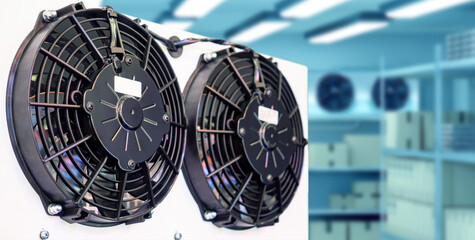 Refrigeration equipment. Refrigerator module. Block with fans for cooling system. Cold warehouse...
