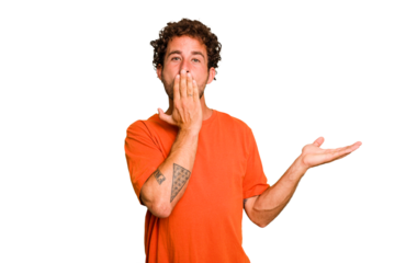 Young caucasian curly hair man isolated Young caucasian man with curly hair isolated impressed holding copy space on palm.
