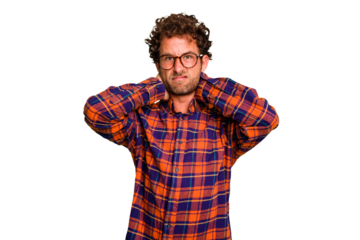 Young caucasian curly hair man isolated Young caucasian man with curly hair isolated touching back of head, thinking and making a choice.