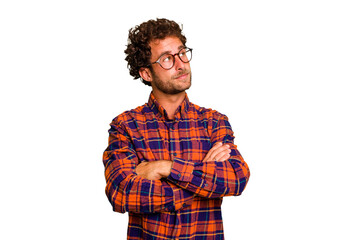 Young caucasian curly hair man isolated Young caucasian man with curly hair isolated dreaming of...