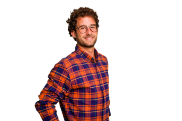 Young caucasian curly hair man isolated Young caucasian man with curly hair isolated confident keeping hands on hips.