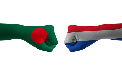 Bangladesh VS Netherlands hand flag Man hands patterned with the Bangladesh VS Netherlands flag