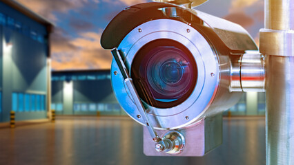 Night video surveillance system. Surveillance cameras in industrial zone. Anti-vandal camera with...