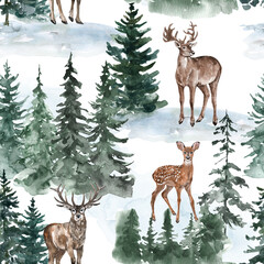 Watercolor winter forest seamless pattern. Green woods with pine trees, deer, doe, and snow on white background. Christmas-themed digital paper. - 538979935