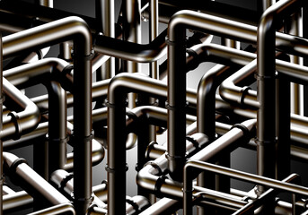 Confusing plumbing. Visualization of sewer pipes. Labyrinth of water pipes. Background with three-dimensional plumbing. Tangled sewer pipes. Plumbing problems concept. 3d rendering.