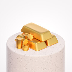 Gold bars with coins on a cylinder for finance, banking and trading. 3d illustration