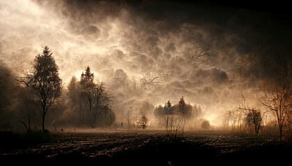 Fototapeta na wymiar Misty forest in the evening. Spooky concept.Digital art