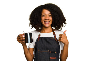 Young African American woman barista isolated smiling and raising thumb up