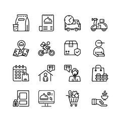 Simple Set of Food Delivery Related Vector Line Icons. Contains such Icons as Courier on the bike, Food Box, Contactless Delivery and more. Editable Stroke.
