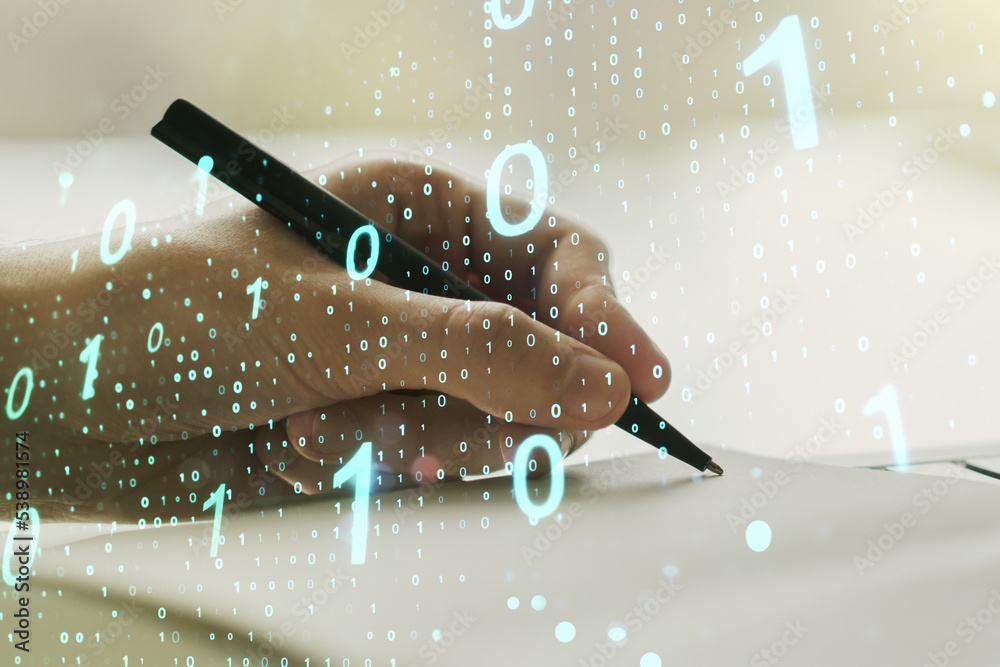Poster creative abstract binary code sketch and man hand writing in notepad on background, hacking and matr