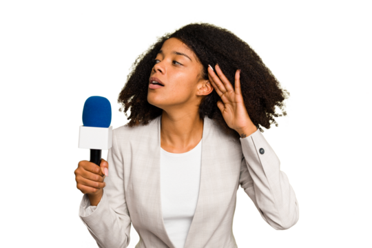 Young TV presenter African American woman with a microphone isolated trying to listening a gossip.