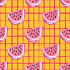 Hand drawn watermelon slices seamless pattern. Cute watermelons endless wallpaper. Funny fruit backdrop.
