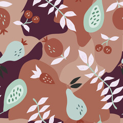 Hand drawn summer fruits seamless pattern. Cherry, pomegranate, papaya, pear, strawberry and palm leaves.