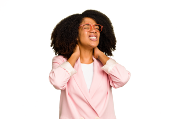 Young African American woman isolated suffering neck pain due to sedentary lifestyle.