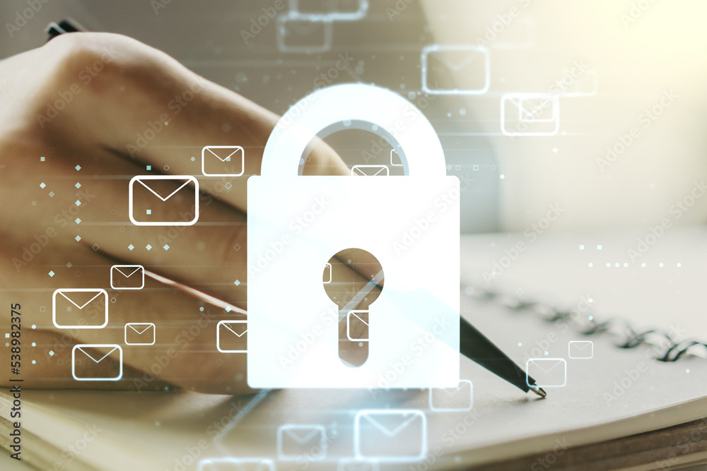 Poster creative lock sketch with email symbols hologram and man hand writing in notepad on background, prot