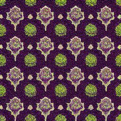 Purple and lime floral seamless pattern with wool carpet texture