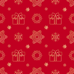 Holiday seamless pattern with snowflakes, presents and mistletoe for Christmas and New Year. Endless repeating pattern as wallpaper, fabric print, surface texture, package or gift paper.