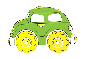 Children's toy car. Cute monster truck. Bright colorful cartoon auto with big wheels. Use in games, stickers, printing on paper or fabric, for design of children's rooms, nursery, clothing, textiles