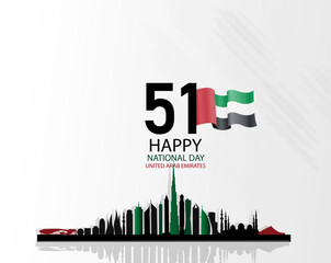 Fifty one days of the National Day of the United Arab Emirates, Spirit of the Union. Banner with flag of the state of the UAE. Illustration 51 years of national holiday of the United Arab Emirates. 