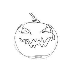 Halloween pumpkin drawing in one line on a white background. Stylized image of a pumpkin with an evil face for banners, cards, covers or other graphic materials.