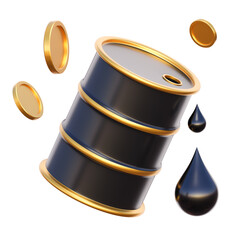 Black barrel with oil droplets and golden coins. 3d illustration of a tradable crude oil