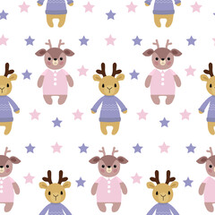 Pattern with cute deers and colorful stars. Stylized animals in clothes. For prints and clothing, kids room wallpaper, brochures and covers, packaging, flyers, fun gender parties. Vector illustration.