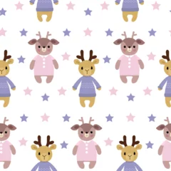 Muurstickers Speelgoed Pattern with cute deers and colorful stars. Stylized animals in clothes. For prints and clothing, kids room wallpaper, brochures and covers, packaging, flyers, fun gender parties. Vector illustration.