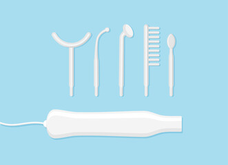 Darsonval device with a set of nozzles on a blue background. Medical handheld device for skin and hair treatment at home. Flat vector illustration