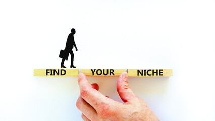 Find your niche symbol. Concept words Find your niche on wooden blocks. Businessman hand. Beautiful...