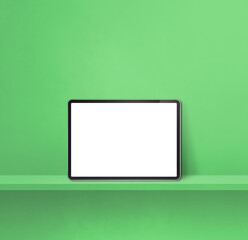 Digital tablet pc on green wall shelf. Square background banner
