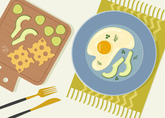Composition of a delicious breakfast with scrambled eggs on a plate, sliced vegetables and cheese on a cutting board. View of a dining table with a tablecloth on top. Vector illustration