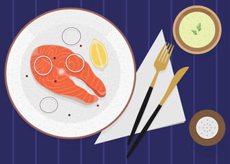 Delicious dinner or an obde with red fish, tartar sauce, lemon and onion. Table setting. Vector illustration