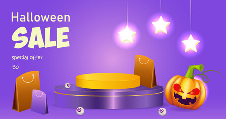 Abstract realistic 3D purple cylindrical pedestal on a purple background. Happy halloween minimal scene for product presentation. Halloween pumpkin with evil eyes. Glowing stars on the background. 