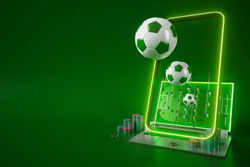 football balls object, sport ball design, football element concept, 3d illustration, abstract football technology, smartphone mobile screen, green grass field, online sport live, casino sport business