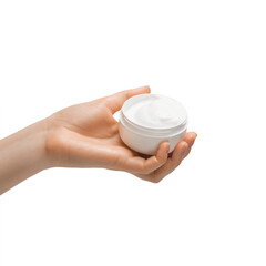 A jar of thick hand cream in a woman's hand against a light background. Groomed hands, natural...