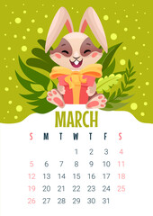 Colorful Rabbit calendar 2023. March Calendar page with little cute happy bunny for printing or for planner design. Vector  cartoon template illustration