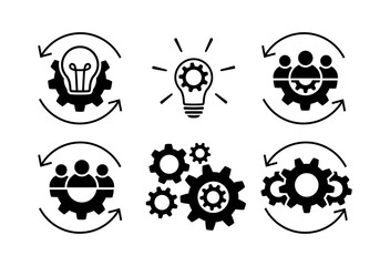 Process icons. Teamwork and creative icon set. Team and gear symbols isolated on white. Leadership signs in flat style. Group of people symbol. Teamwork abstract icon in black Vector illustration