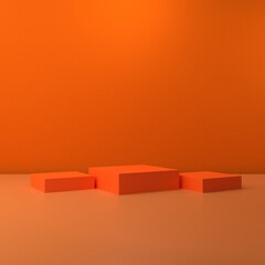 3D rendered of abstract minimal stand podium for product display presentation with set of steps. stage for showcase in orange theme. 