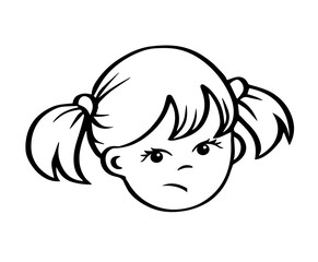 Sad face of a little girl on a white background. Unhappy face. Guilt. Vector cartoon isolated illustration. Hand drawn sketch black