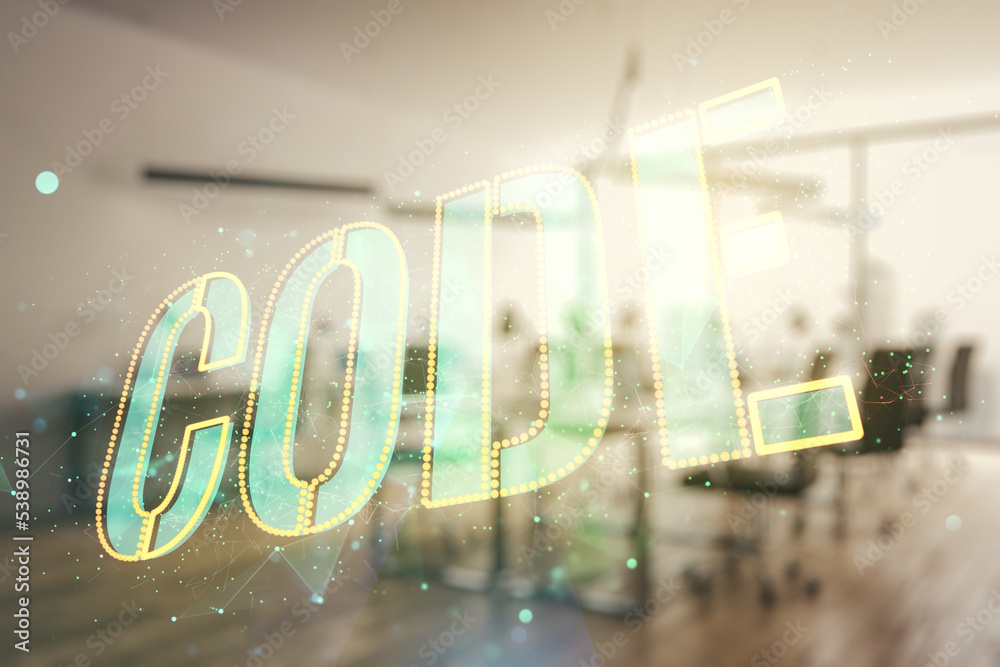 Aufkleber Code word hologram on modern corporate office background, artificial intelligence and neural networks concept. Multiexposure