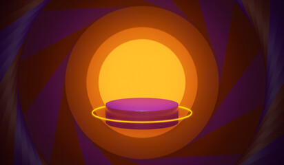 3D rendered of abstract stand podium for product display presentation with orange purple tones and stage for showcase with cylinders.