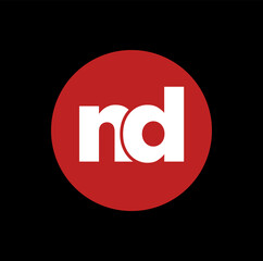 ND company name initial letters illustrative icon. ND red round monogram.