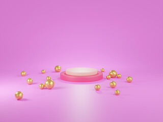 3d pink cylinder Podium stage two steps for cosmetics showcase surrounded by golden balls. Blank product stand background in pastel colors.  Advertising place