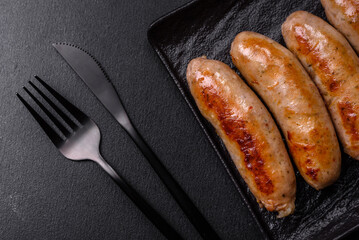 Tasty grilled sausages with spices and herbs on a black slate plate