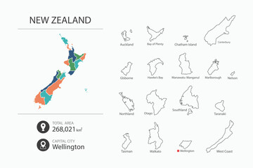 Map of New Zealand with detailed country map. Map elements of cities, total areas and capital.