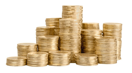 Golden coin stacks on a white background