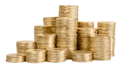 Golden coin stacks on a white background